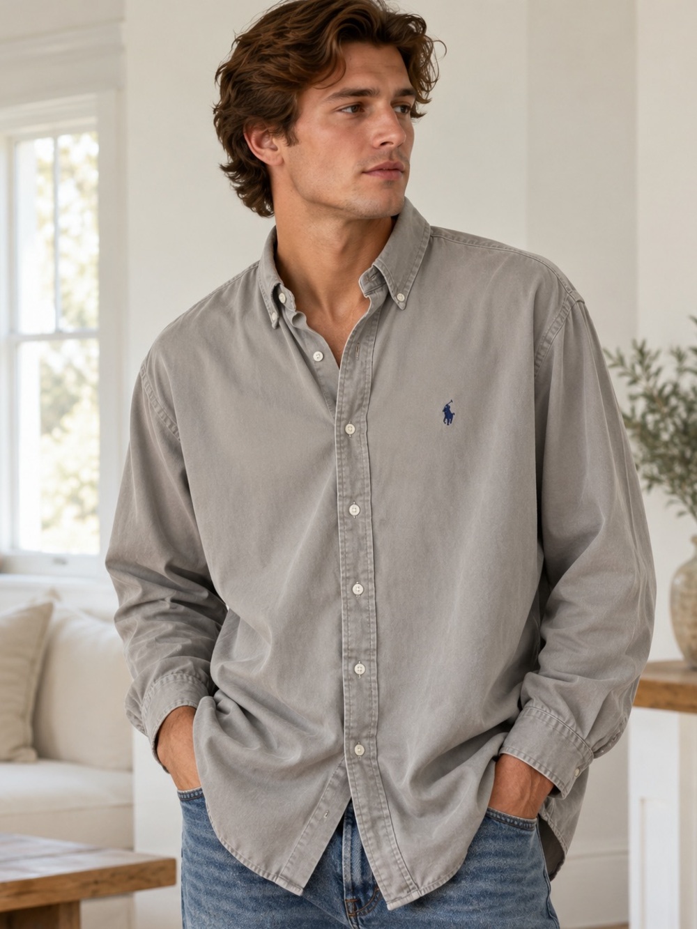 Vintage Ralph Lauren Blake Shirt Men’s L Taupe Gray Oversized Cotton Pony